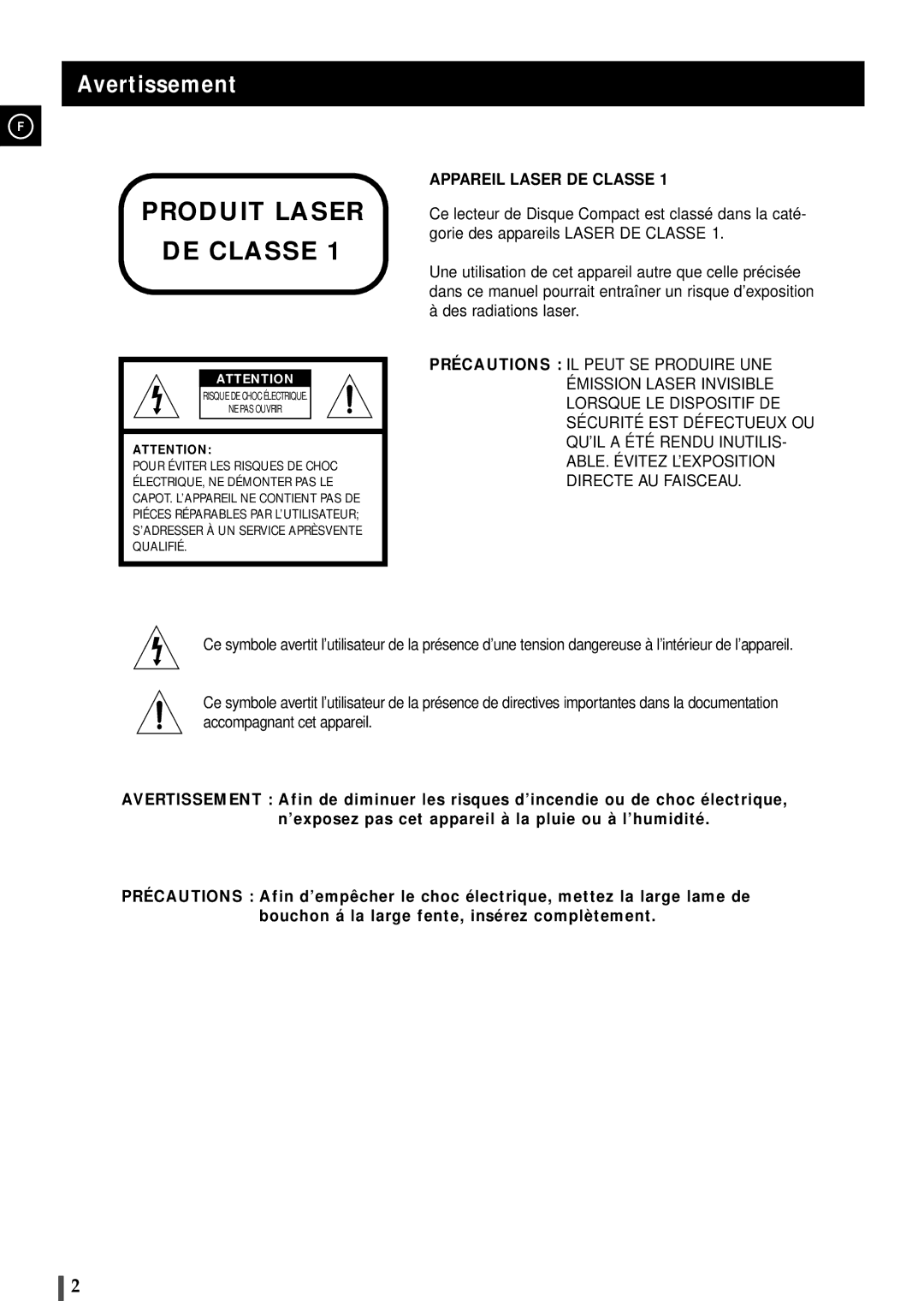 Samsung MAXB570RH/XEF, MAXB550RH/XEF, MAXB550RH/ELS, MAXB570RH/ELS manual Produit Laser DE Classe, Avertissement 