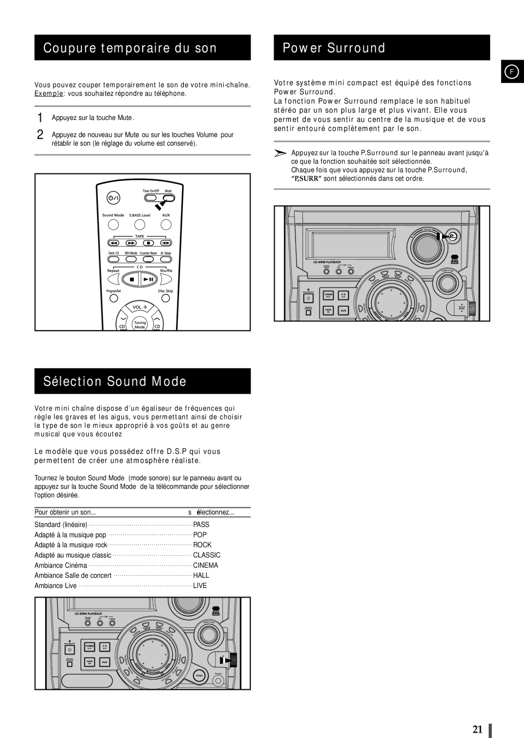 Samsung MAXB550RH/ELS, MAXB550RH/XEF Coupure temporaire du son, Sélection Sound Mode, Power Surround, Pour obtenir un son 