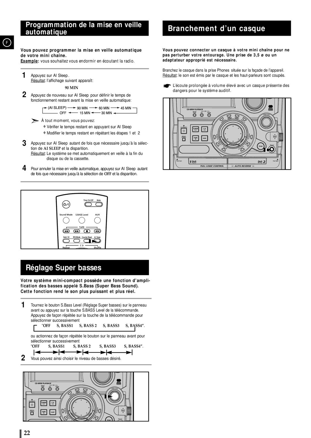 Samsung MAXB570RH/XEF manual Réglage Super basses, Branchement d’un casque, Programmation de la mise en veille automatique 