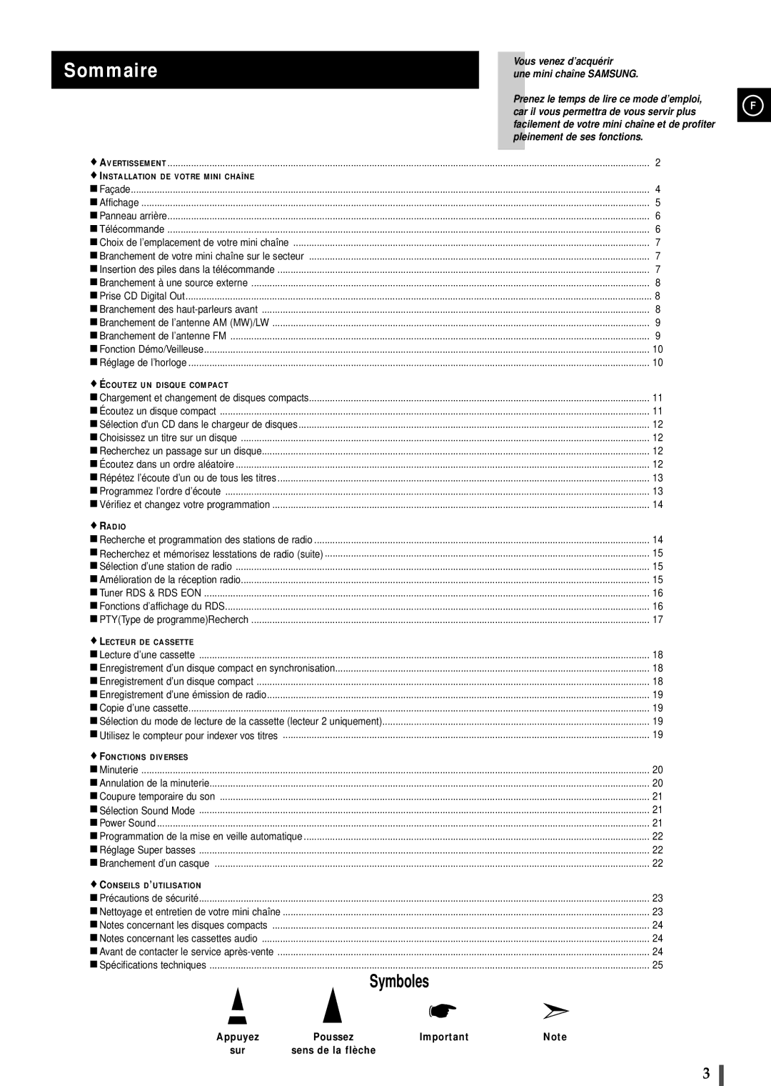 Samsung MAXB570RH/ELS, MAXB550RH/XEF, MAXB550RH/ELS, MAXB570RH/XEF manual Sommaire, Appuyez, Sur Sens de la flèche 