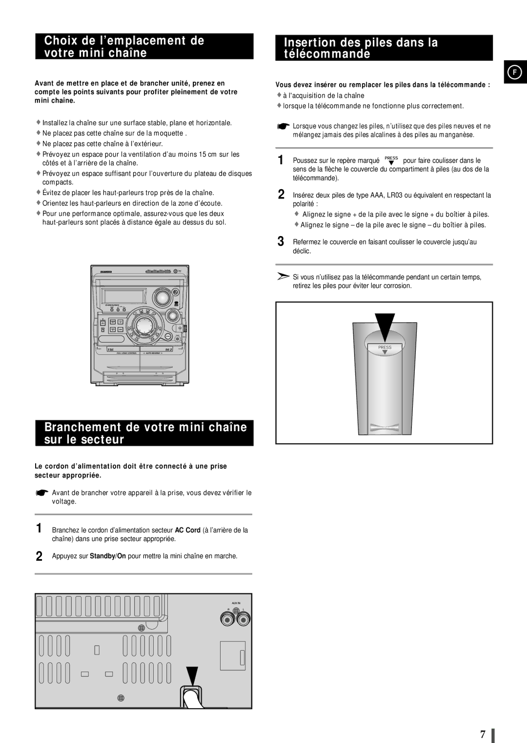 Samsung MAXB570RH/ELS manual Choix de l’emplacement de votre mini chaîne, Branchement de votre mini chaîne sur le secteur 