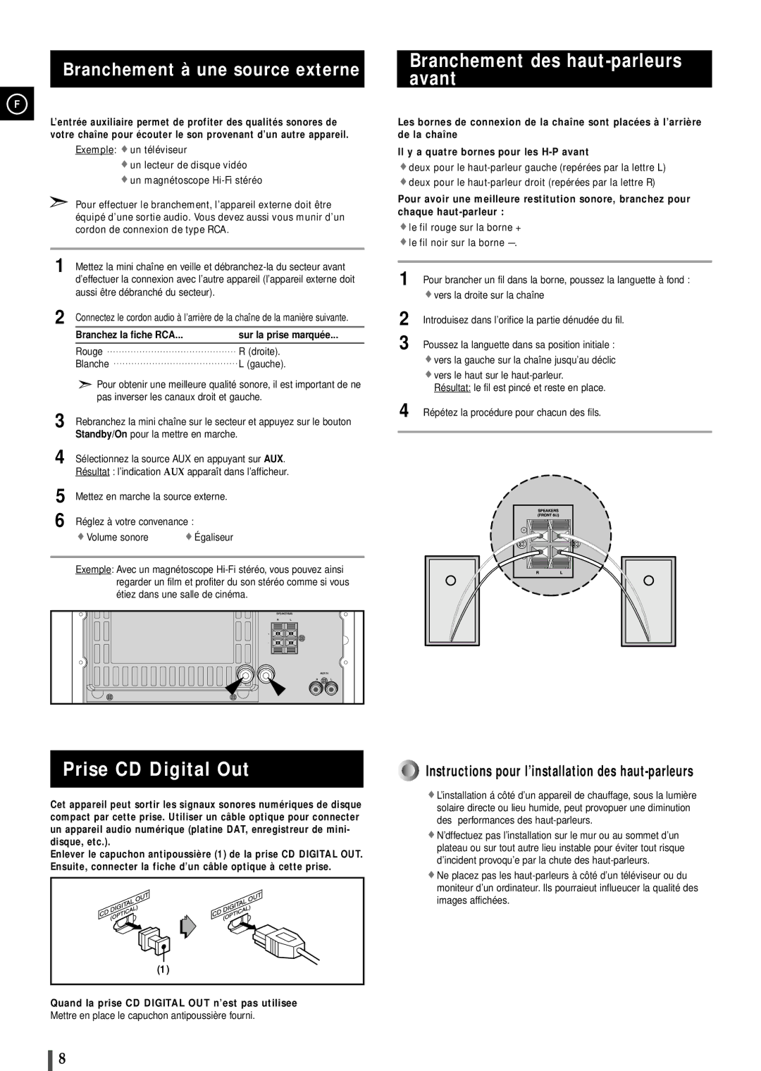 Samsung MAXB550RH/XEF manual Prise CD Digital Out, Branchement des haut-parleurs avant, Branchement à une source externe 