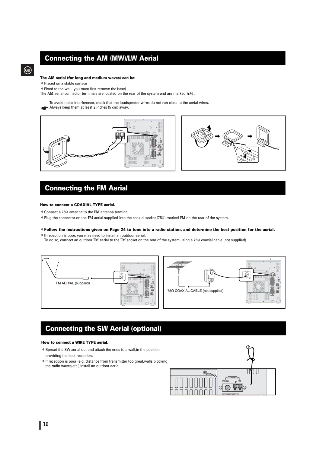 Samsung MAXDB630FH/UMG manual Connecting the AM MW/LW Aerial, Connecting the FM Aerial, Connecting the SW Aerial optional 