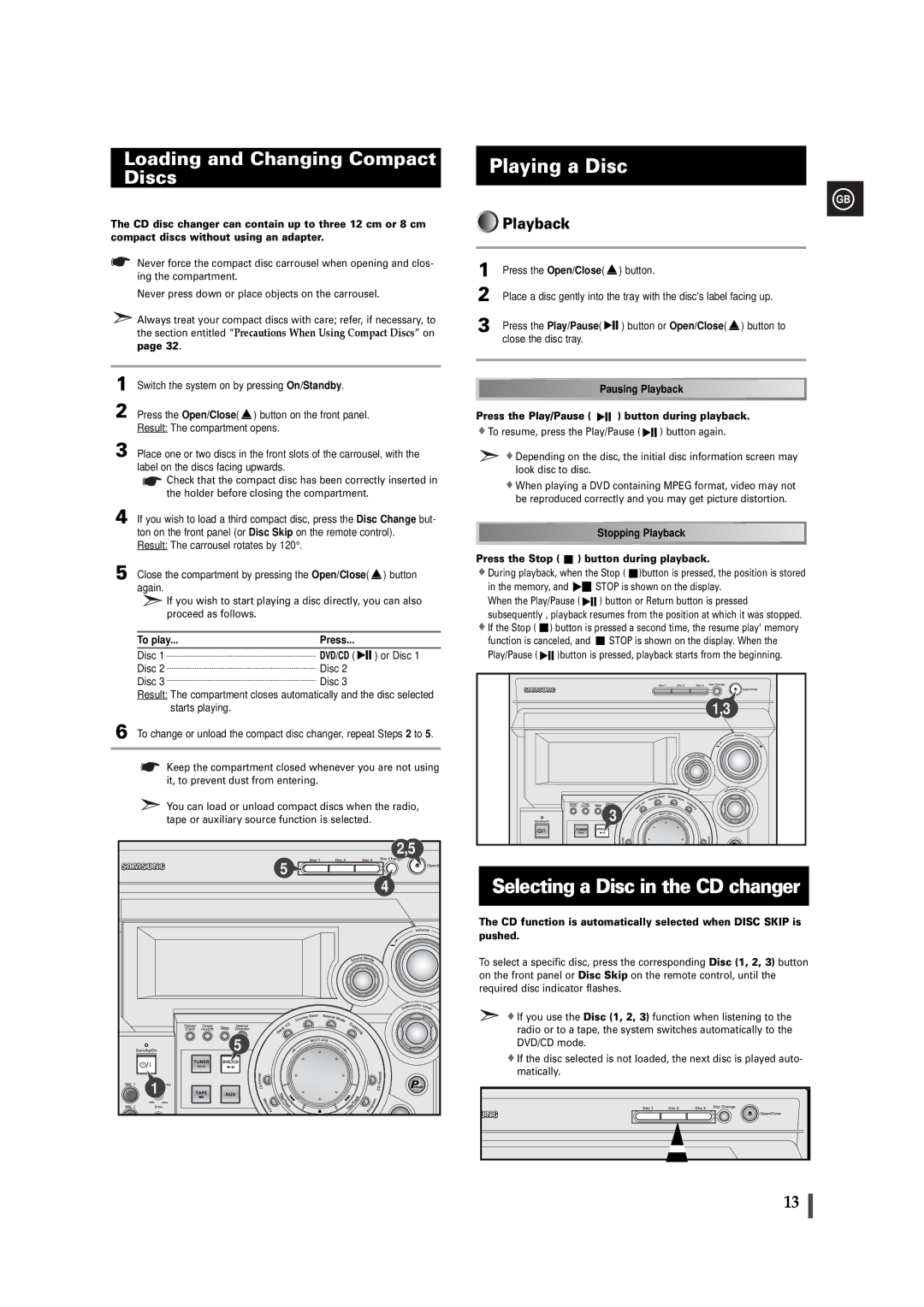 Samsung MAXDB630FH/UMG manual Playing a Disc, Selecting a Disc in the CD changer, Playback, To play 