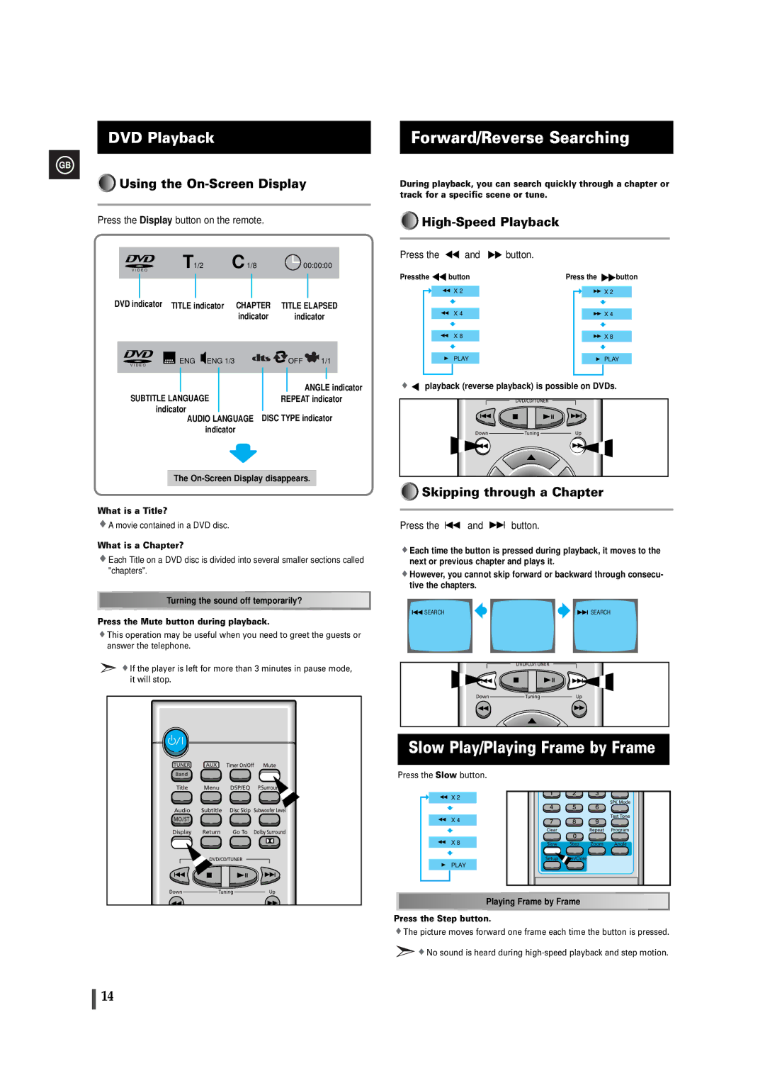 Samsung MAXDB630FH/UMG manual Forward/Reverse Searching, Slow Play/Playing Frame by Frame, Using the On-Screen Display 