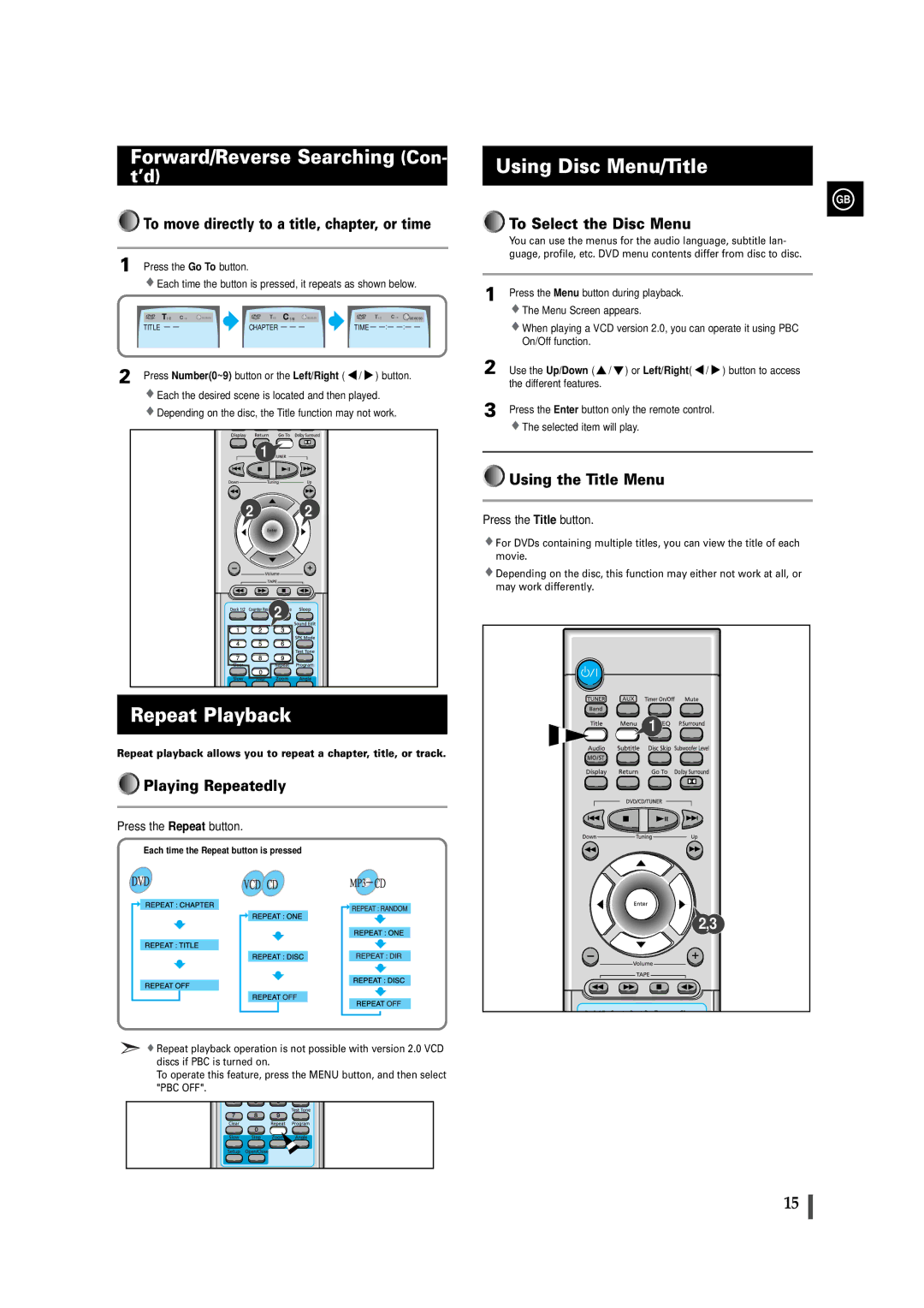 Samsung MAXDB630FH/UMG manual Forward/Reverse Searching Con, Repeat Playback, Using Disc Menu/Title 