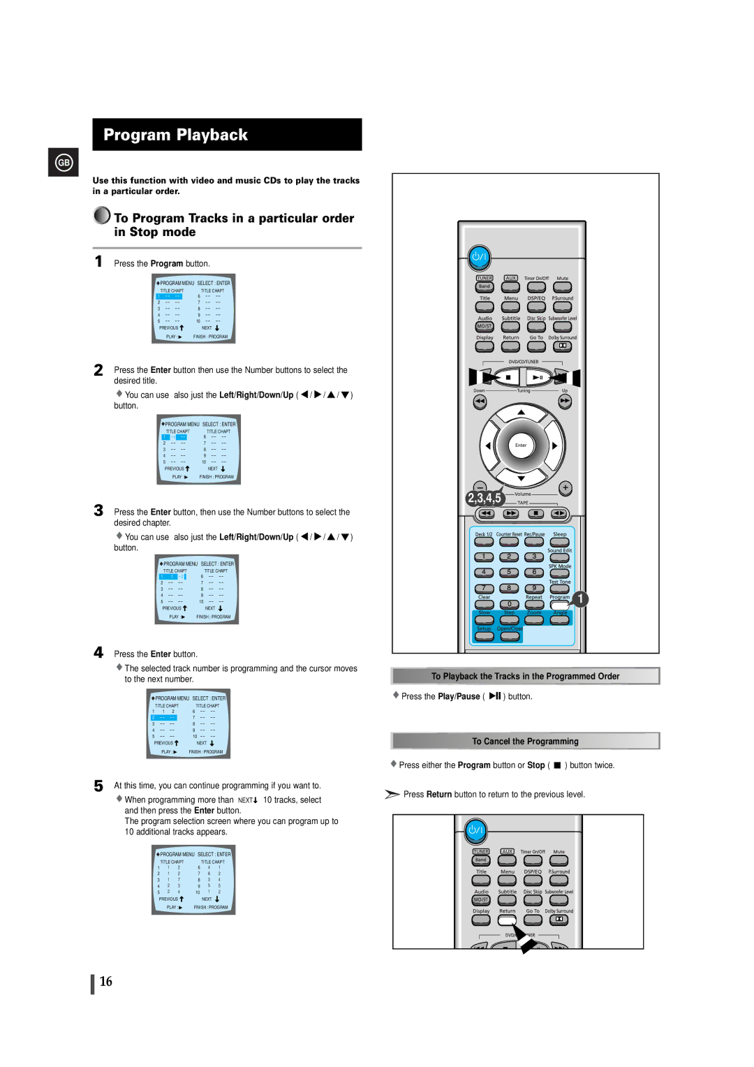 Samsung MAXDB630FH/UMG Program Playback, To Program Tracks in a particular order in Stop mode, To Cancel the Programming 