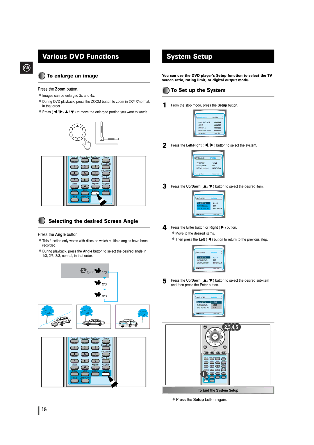 Samsung MAXDB630FH/UMG manual Various DVD Functions, System Setup, To enlarge an image, Selecting the desired Screen Angle 