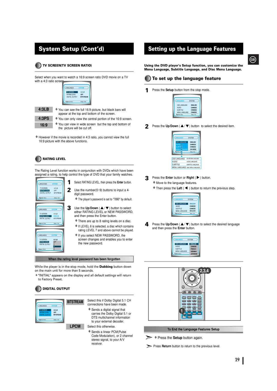 Samsung MAXDB630FH/UMG manual System Setup Cont’d, Setting up the Language Features, To set up the language feature 