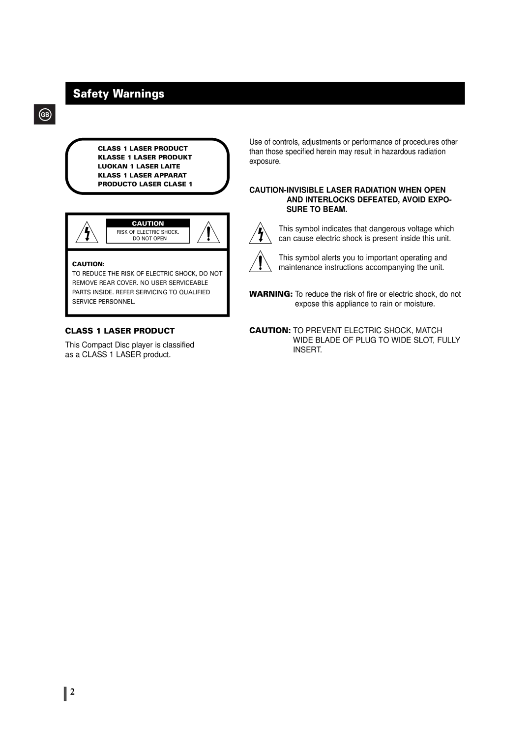 Samsung MAXDB630FH/UMG manual Safety Warnings, Class 1 Laser Product 