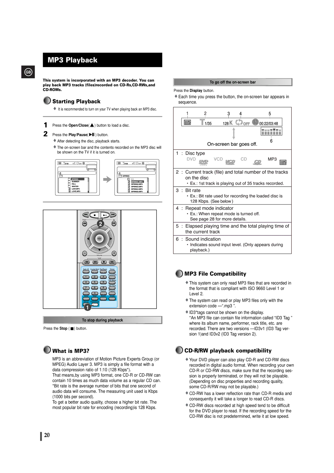 Samsung MAXDB630FH/UMG manual MP3 Playback, Starting Playback, MP3 File Compatibility, What is MP3? 