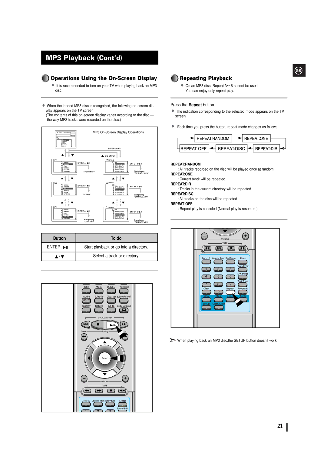 Samsung MAXDB630FH/UMG manual MP3 Playback Cont’d, Operations Using the On-Screen Display Repeating Playback 