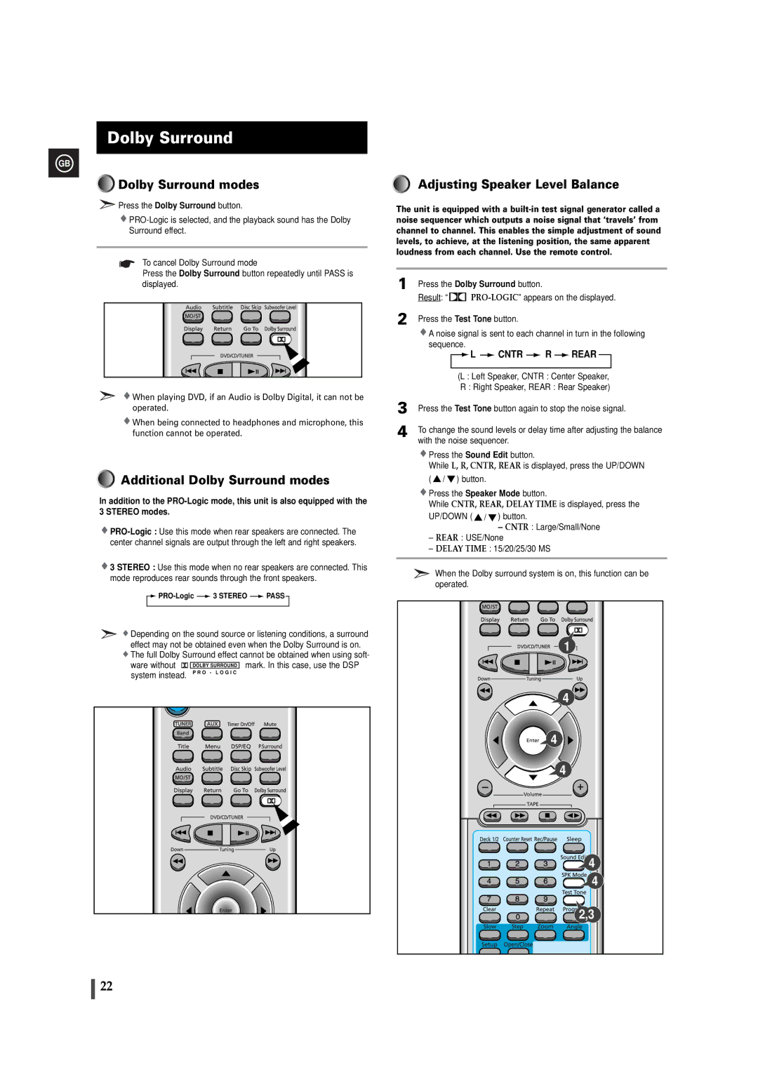 Samsung MAXDB630FH/UMG manual Additional Dolby Surround modes, Adjusting Speaker Level Balance 