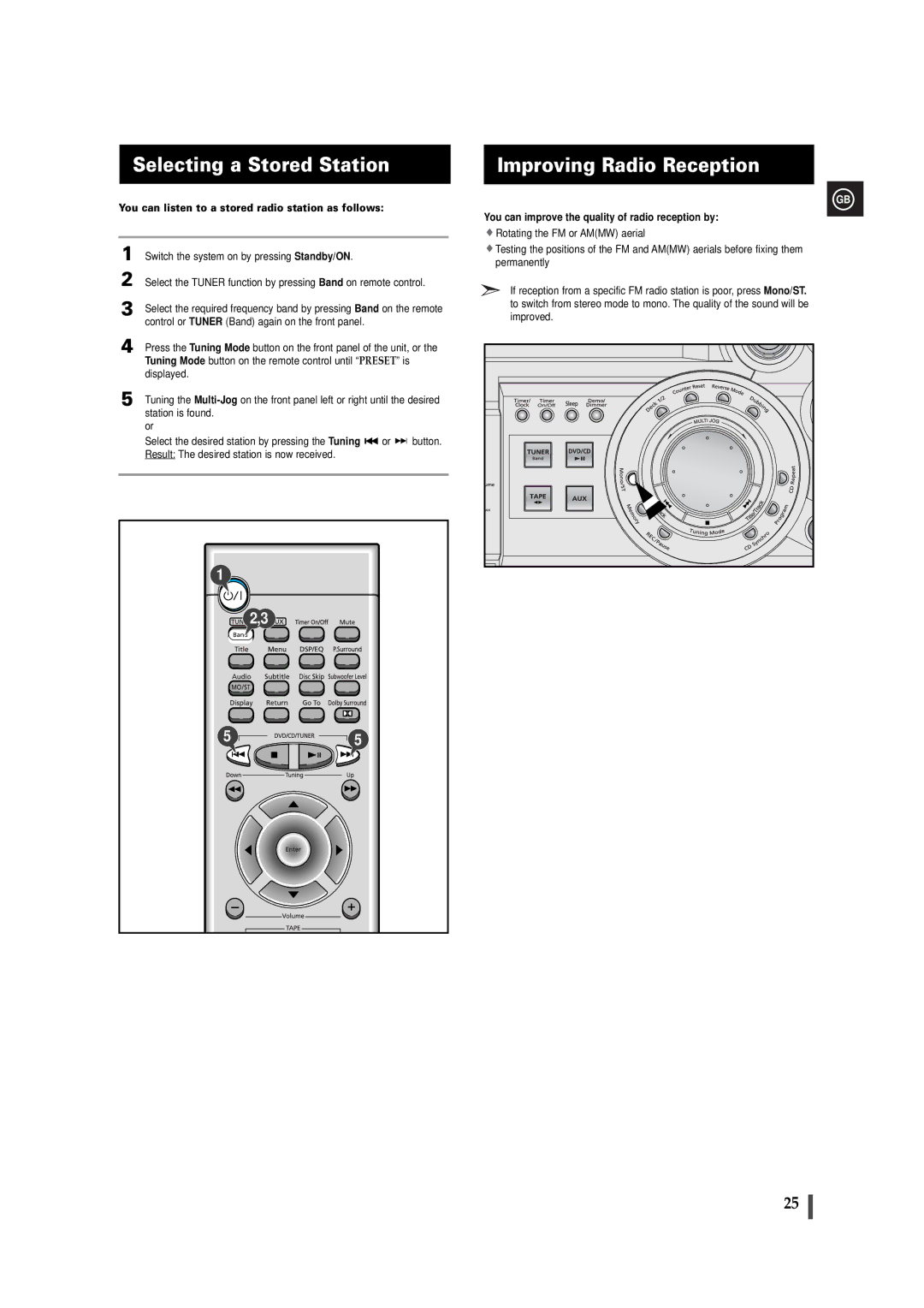 Samsung MAXDB630FH/UMG manual Selecting a Stored Station, Improving Radio Reception 