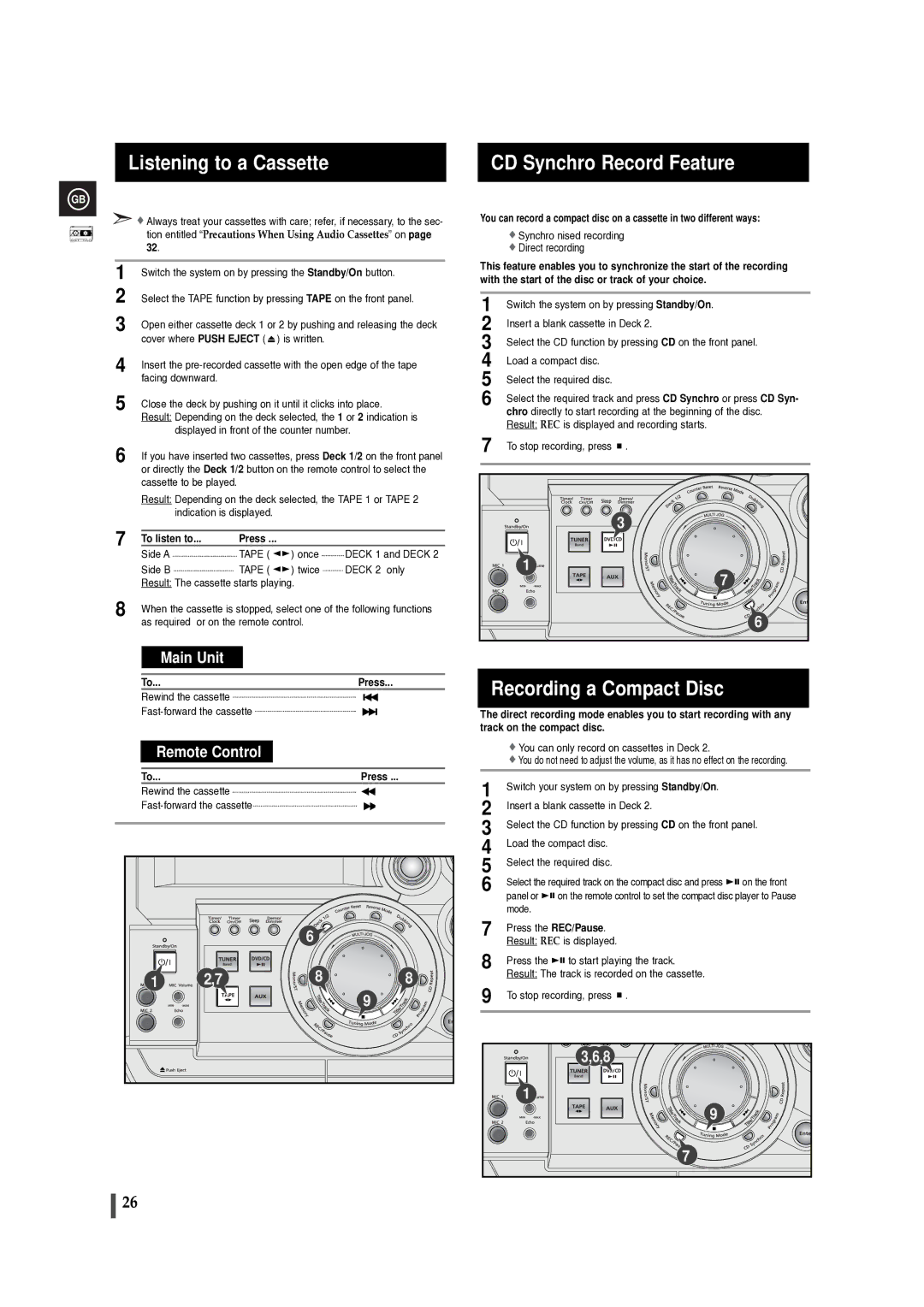 Samsung MAXDB630FH/UMG Listening to a Cassette, CD Synchro Record Feature, Recording a Compact Disc, To listen to, Press 