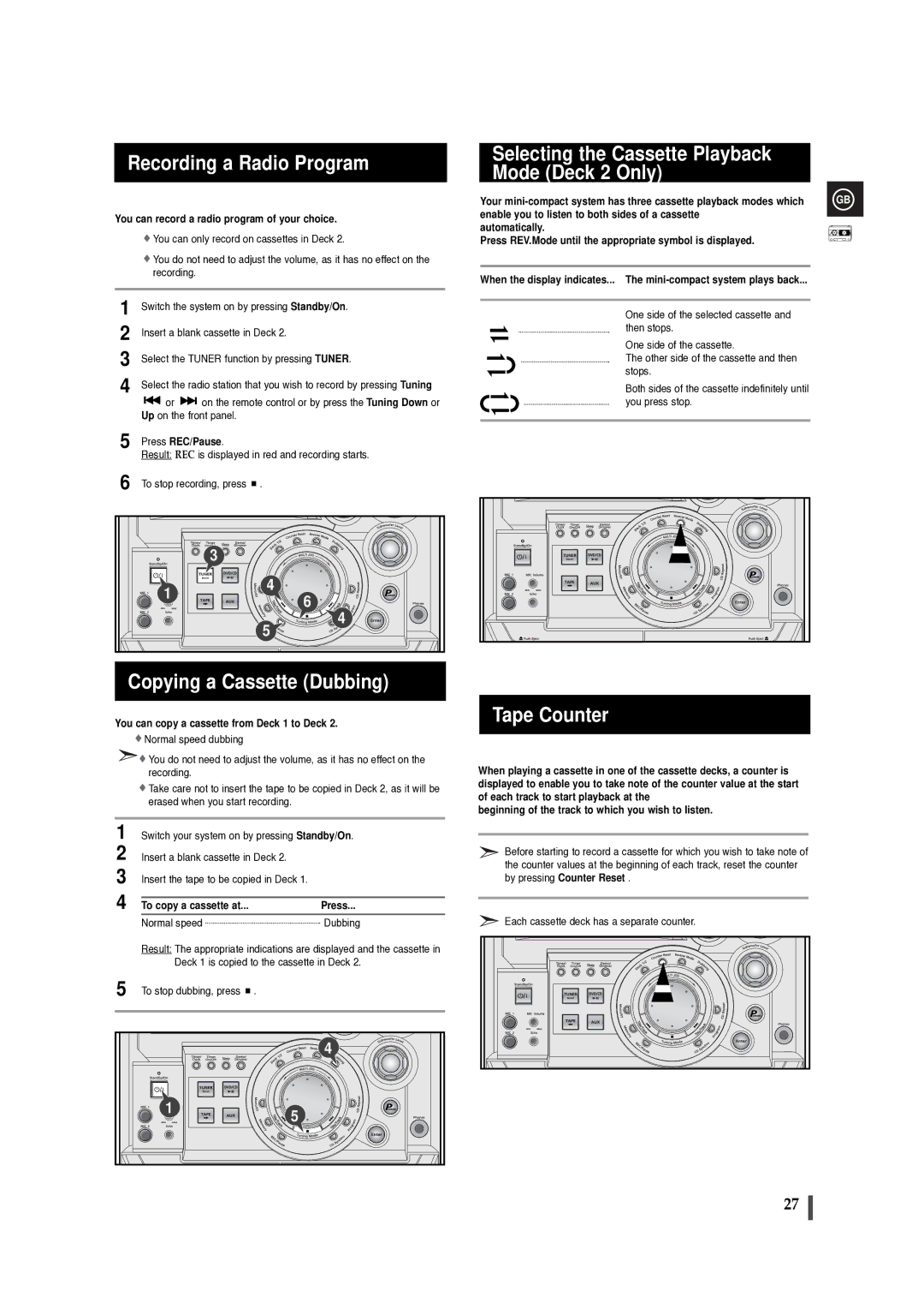 Samsung MAXDB630FH/UMG manual Recording a Radio Program, Copying a Cassette Dubbing, Tape Counter 