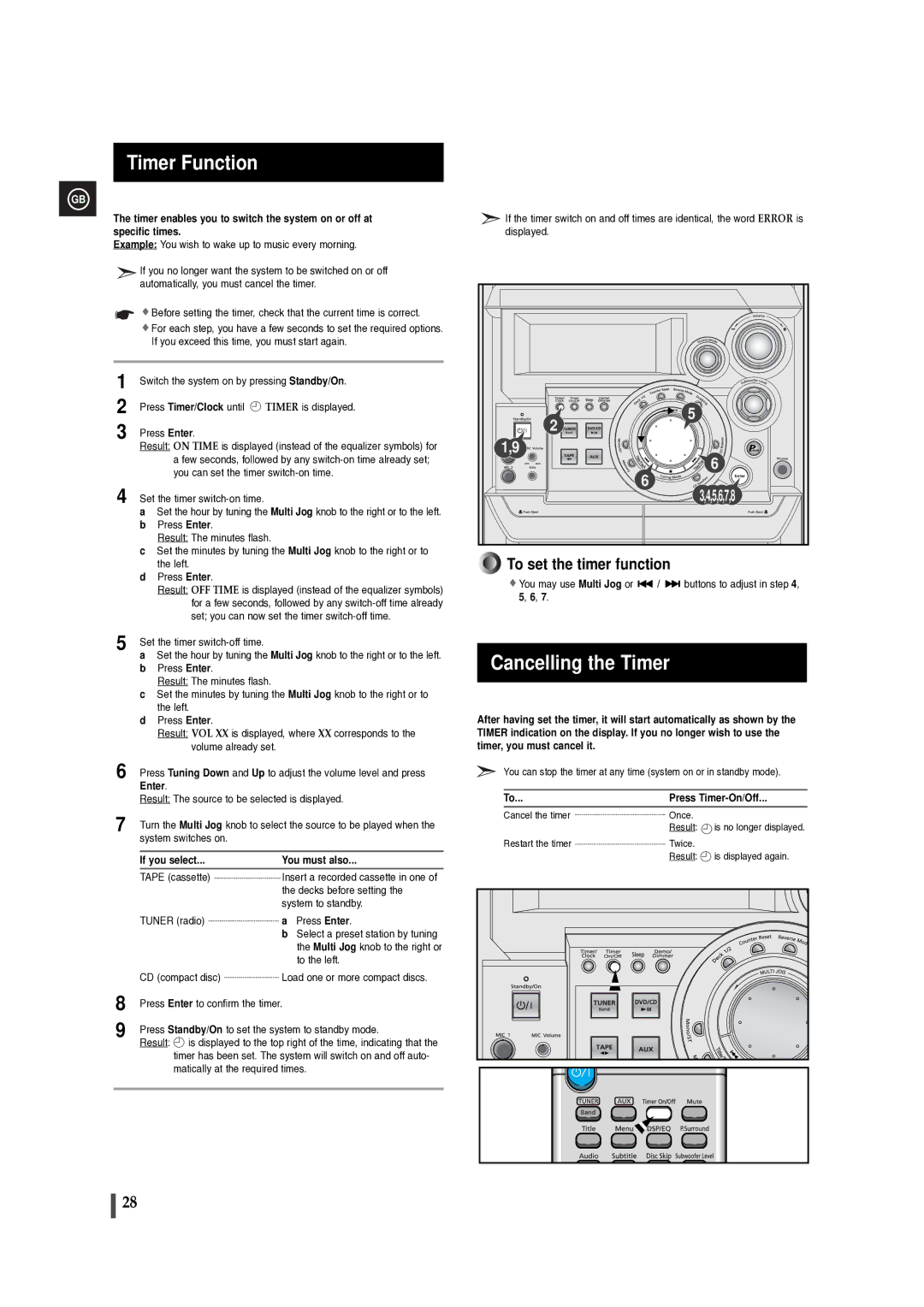 Samsung MAXDB630FH/UMG manual Timer Function, Cancelling the Timer, Press Timer/Clock until, If you select, Press Enter 