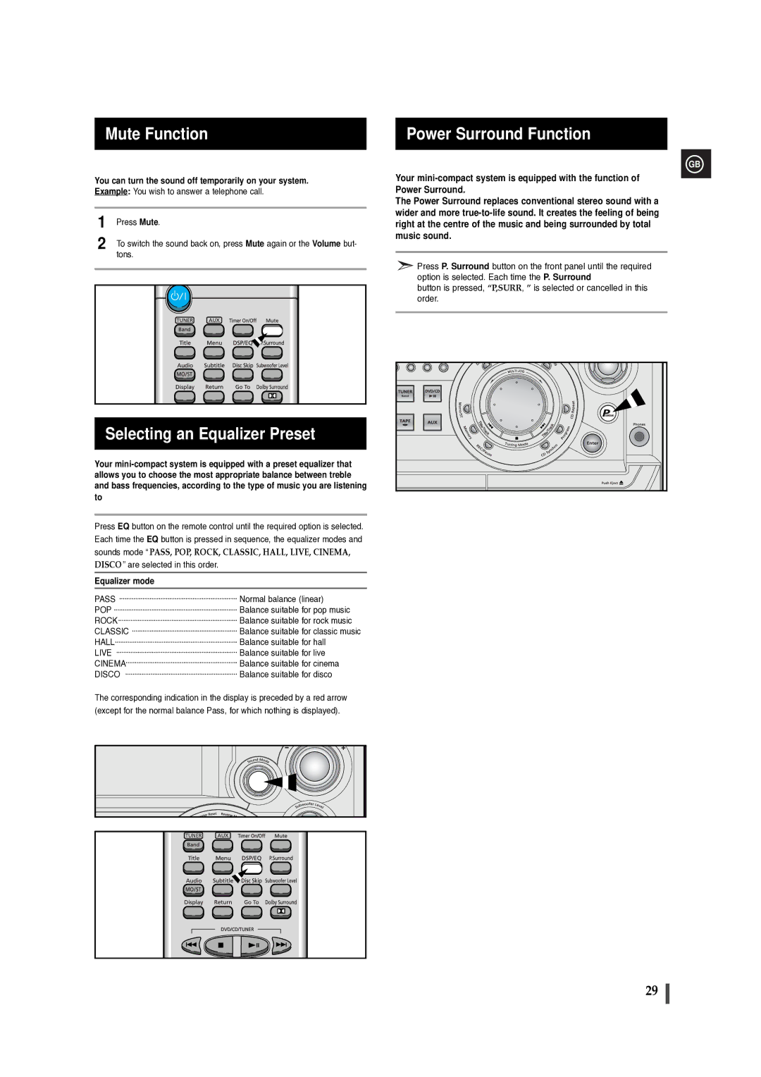 Samsung MAXDB630FH/UMG manual Mute Function, Selecting an Equalizer Preset, Power Surround Function, Equalizer mode 