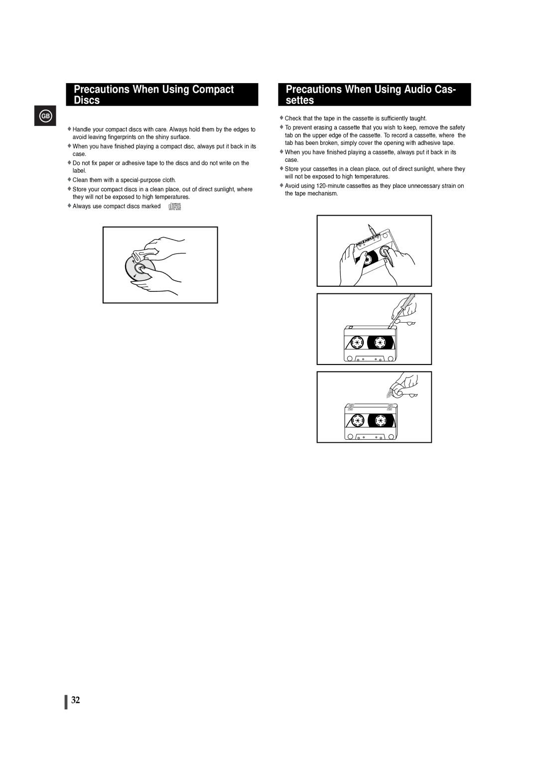 Samsung MAXDB630FH/UMG Precautions When Using Compact Discs, Check that the tape in the cassette is sufficiently taught 