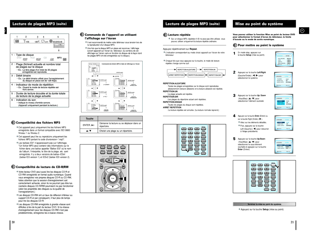 Samsung MAXDL44RH/XEF, MAXDL44RH/ELS manual Lecture de plages MP3 suite, Mise au point du système, Lecture répétée 