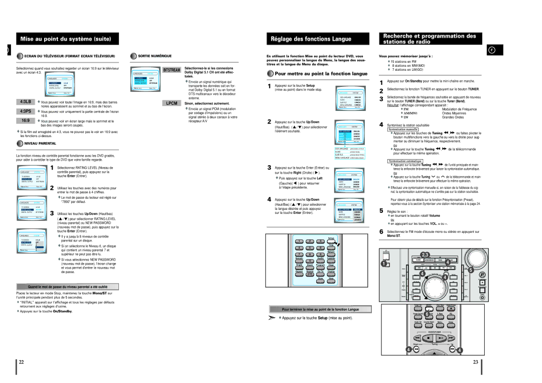 Samsung MAXDL44RH/ELS, MAXDL44RH/XEF manual Mise au point du système suite, Recherche et programmation des stations de radio 