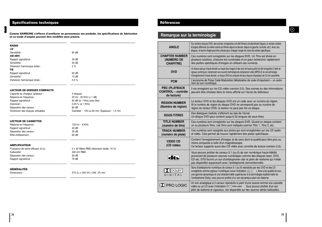 Samsung MAXDL44RH/XEF, MAXDL44RH/ELS manual Spécifications techniques, Références 