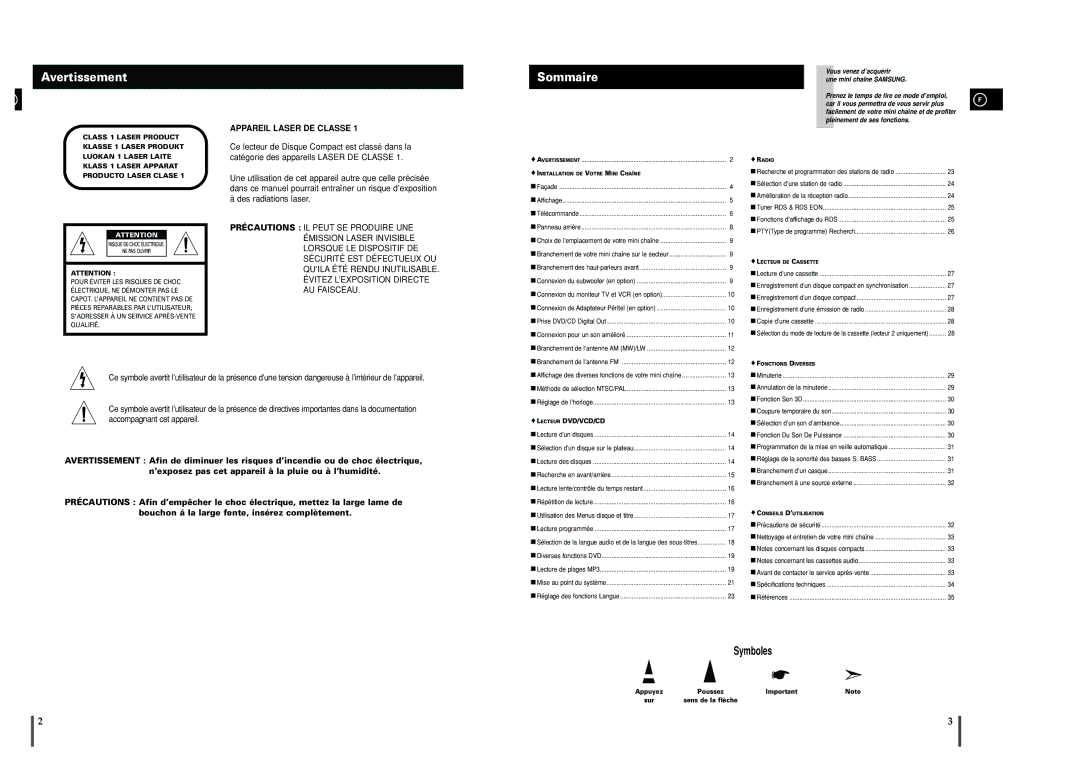 Samsung MAXDL44RH/ELS, MAXDL44RH/XEF manual Avertissement, Sommaire, Appuyez Poussez Sur Sens de la flèche 