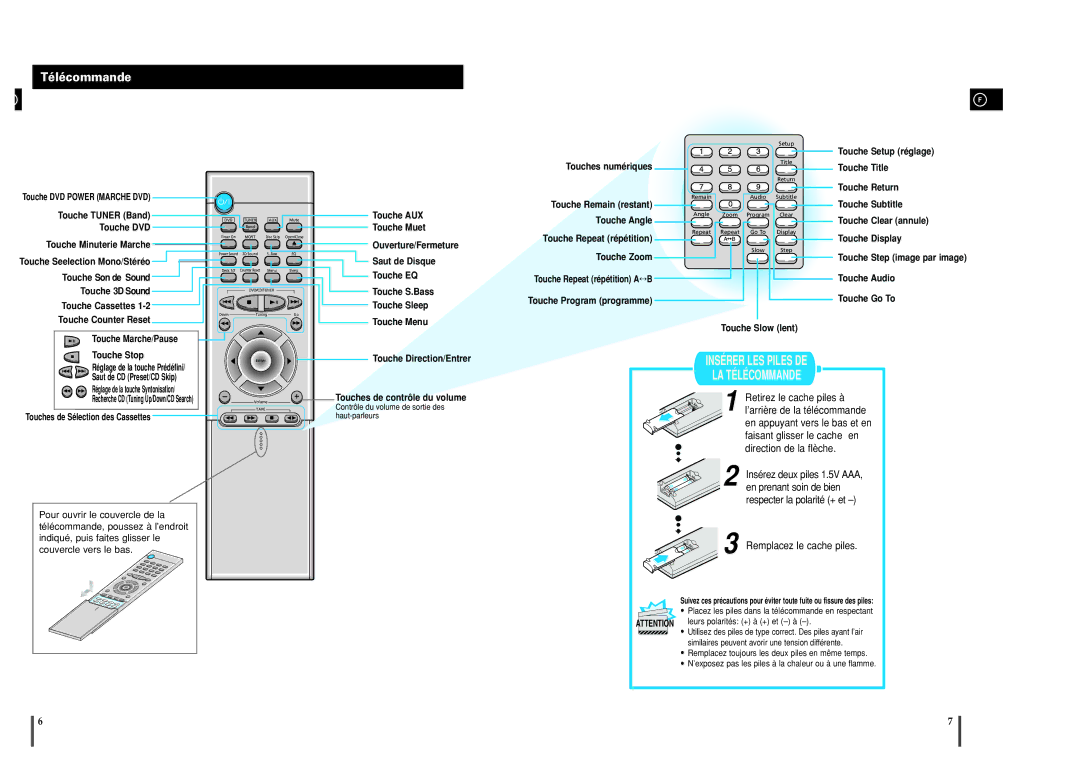 Samsung MAXDL44RH/ELS, MAXDL44RH/XEF manual Télécommande 