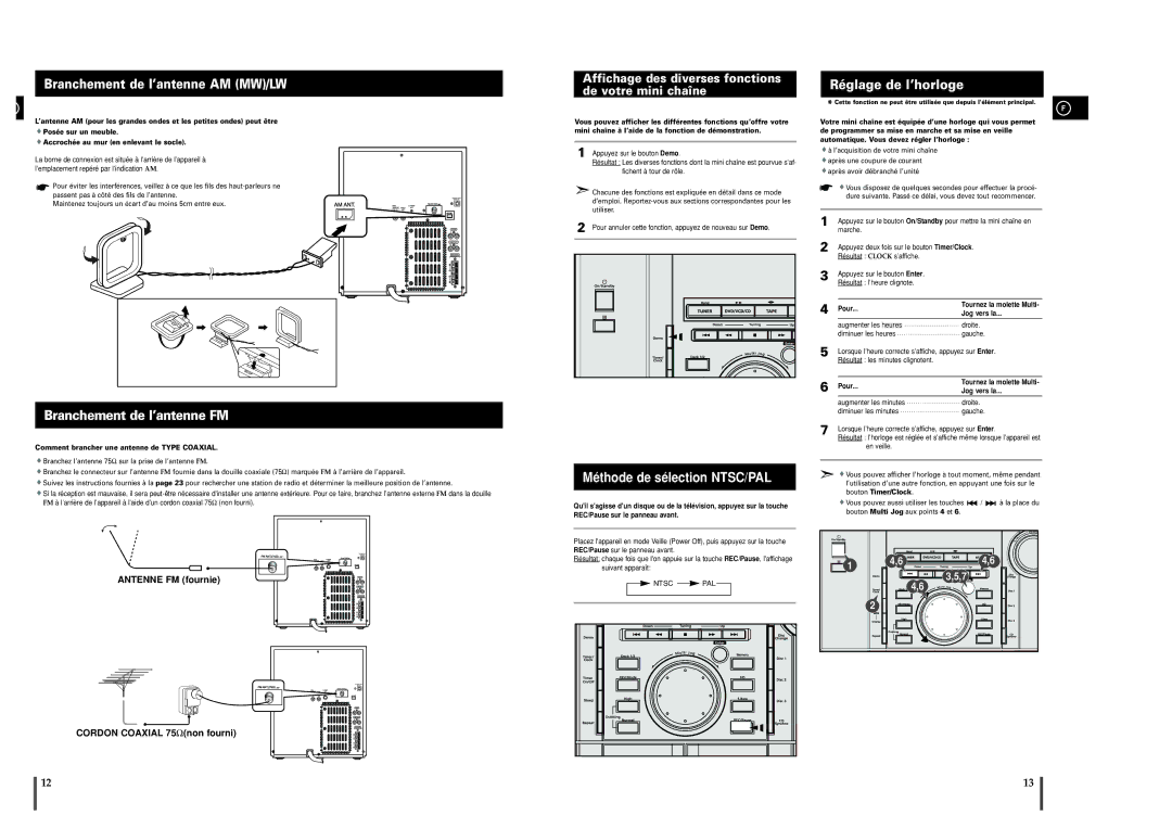 Samsung MAXDL44RH/XEF, MAXDL44RH/ELS Branchement de l’antenne FM, Réglage de l’horloge, Branchement de l’antenne AM MW/LW 