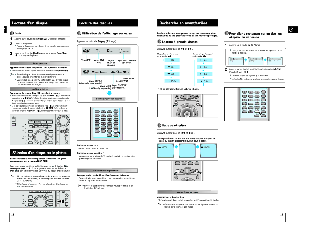 Samsung MAXDL44RH/ELS, MAXDL44RH/XEF manual Lecture d’un disque, Recherche en avant/arrière, Lecture des disques 