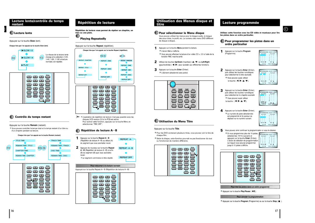 Samsung MAXDL44RH/XEF, MAXDL44RH/ELS manual Répétition de lecture, Utilisation des Menus disque et titre, Lecture programmée 