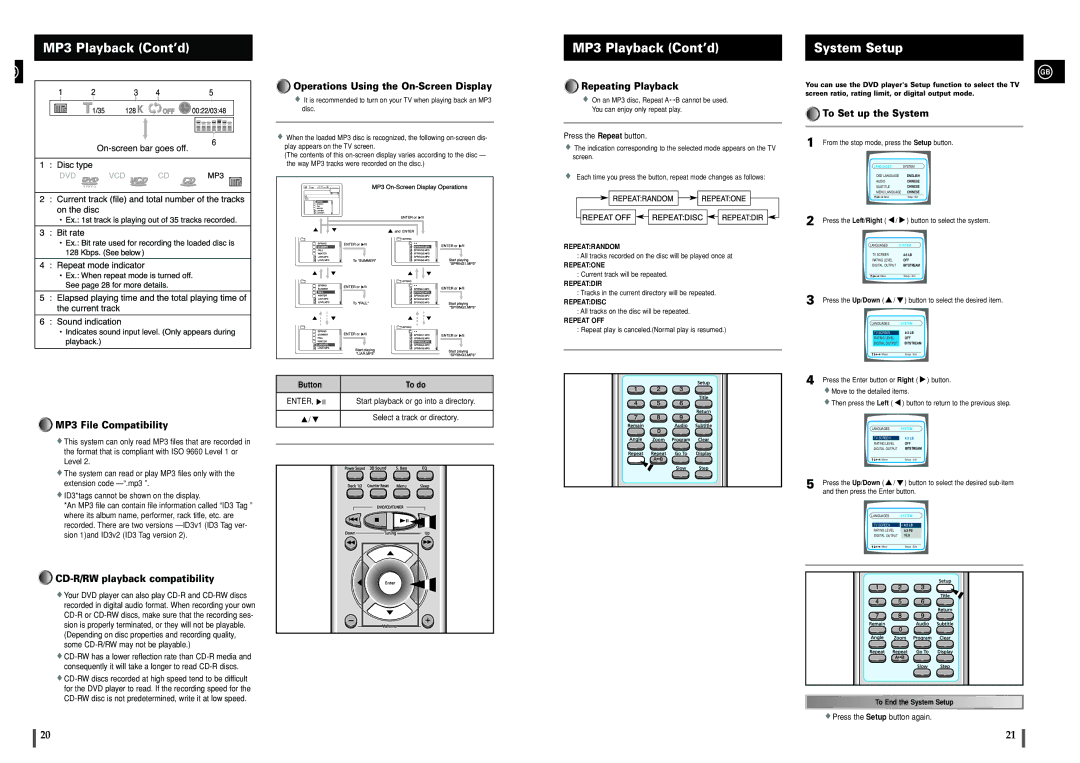 Samsung MAXDL44RH/XEF, MAXDL44RH/ELS manual MP3 Playback Cont’d, System Setup 