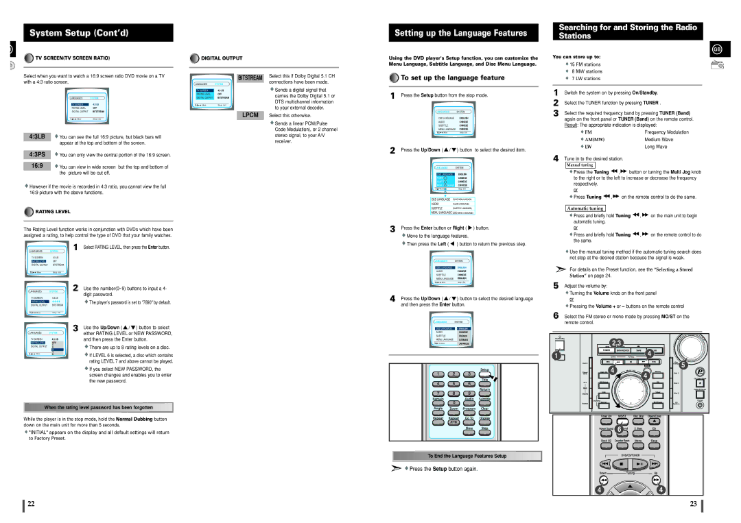 Samsung MAXDL44RH/ELS System Setup Cont’d, Searching for and Storing the Radio Stations, To set up the language feature 