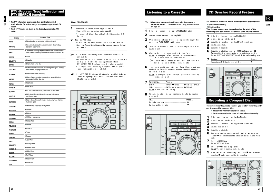 Samsung MAXDL44RH/XEF, MAXDL44RH/ELS manual Listening to a Cassette, CD Synchro Record Feature, Recording a Compact Disc 