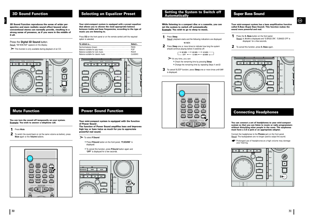 Samsung MAXDL44RH/XEF, MAXDL44RH/ELS 3D Sound Function, Mute Function, Selecting an Equalizer Preset, Power Sound Function 