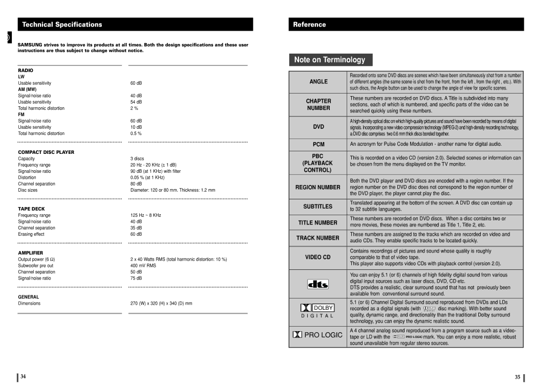 Samsung MAXDL44RH/XEF, MAXDL44RH/ELS manual Technical Specifications, Reference 