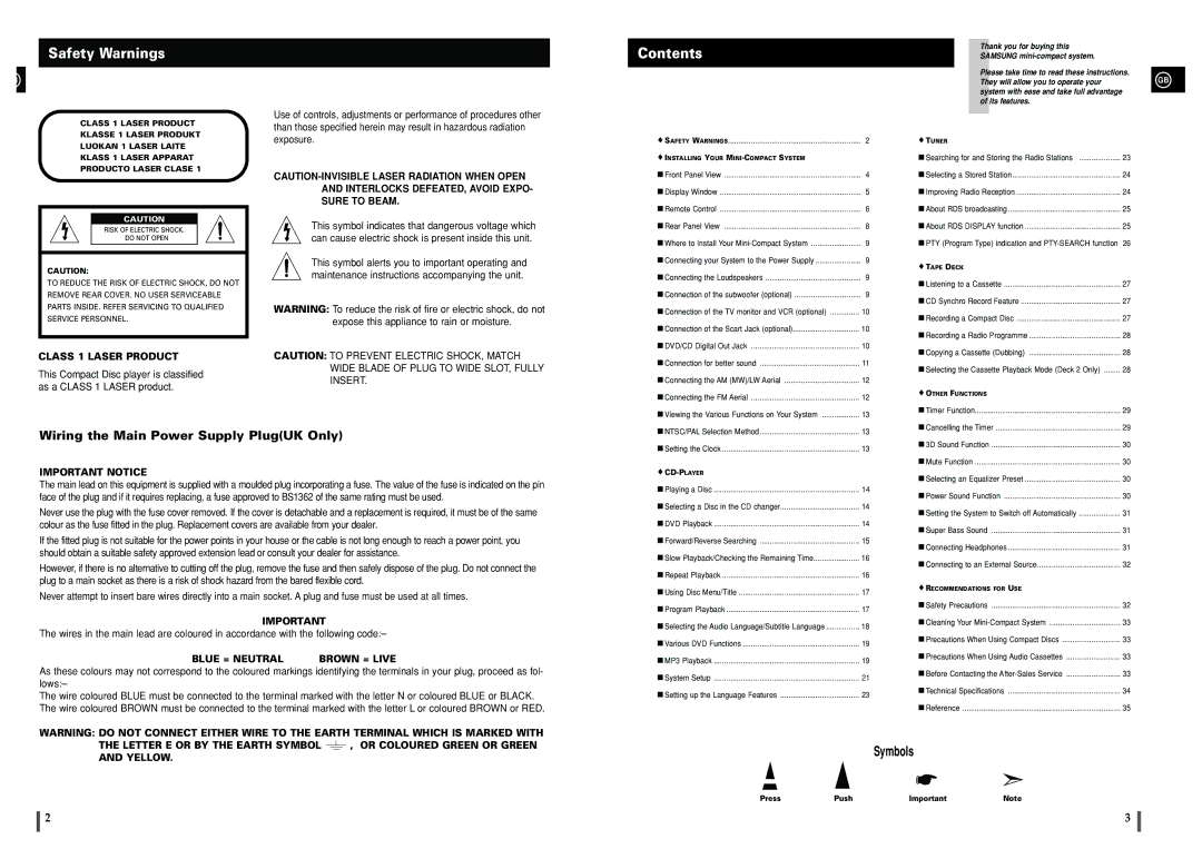 Samsung MAXDL44RH/ELS, MAXDL44RH/XEF manual Safety Warnings, Contents 