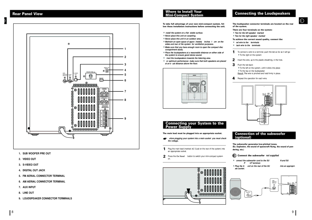 Samsung MAXDL44RH/XEF manual Rear Panel View, Where to Install Your Mini-Compact System, Connecting the Loudspeakers 