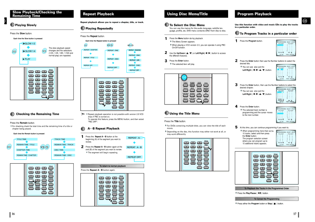 Samsung MAXDL44RH/XEF Slow Playback/Checking Remaining Time, Repeat Playback, Using Disc Menu/Title, Program Playback 