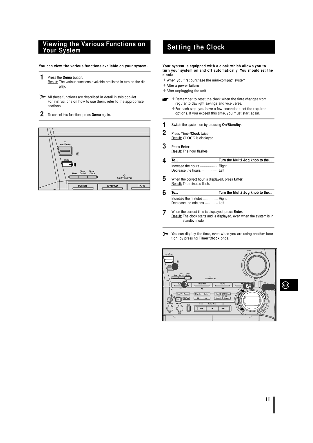 Samsung MAXDN54RH/XEU manual Setting the Clock, Viewing the Various Functions on, Your System 