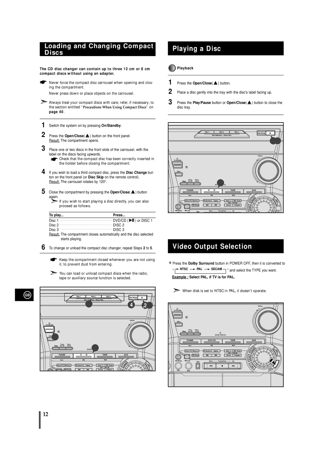 Samsung MAXDN54RH/XEU manual Playing a Disc, Video Output Selection, Loading and Changing Compact, Discs 