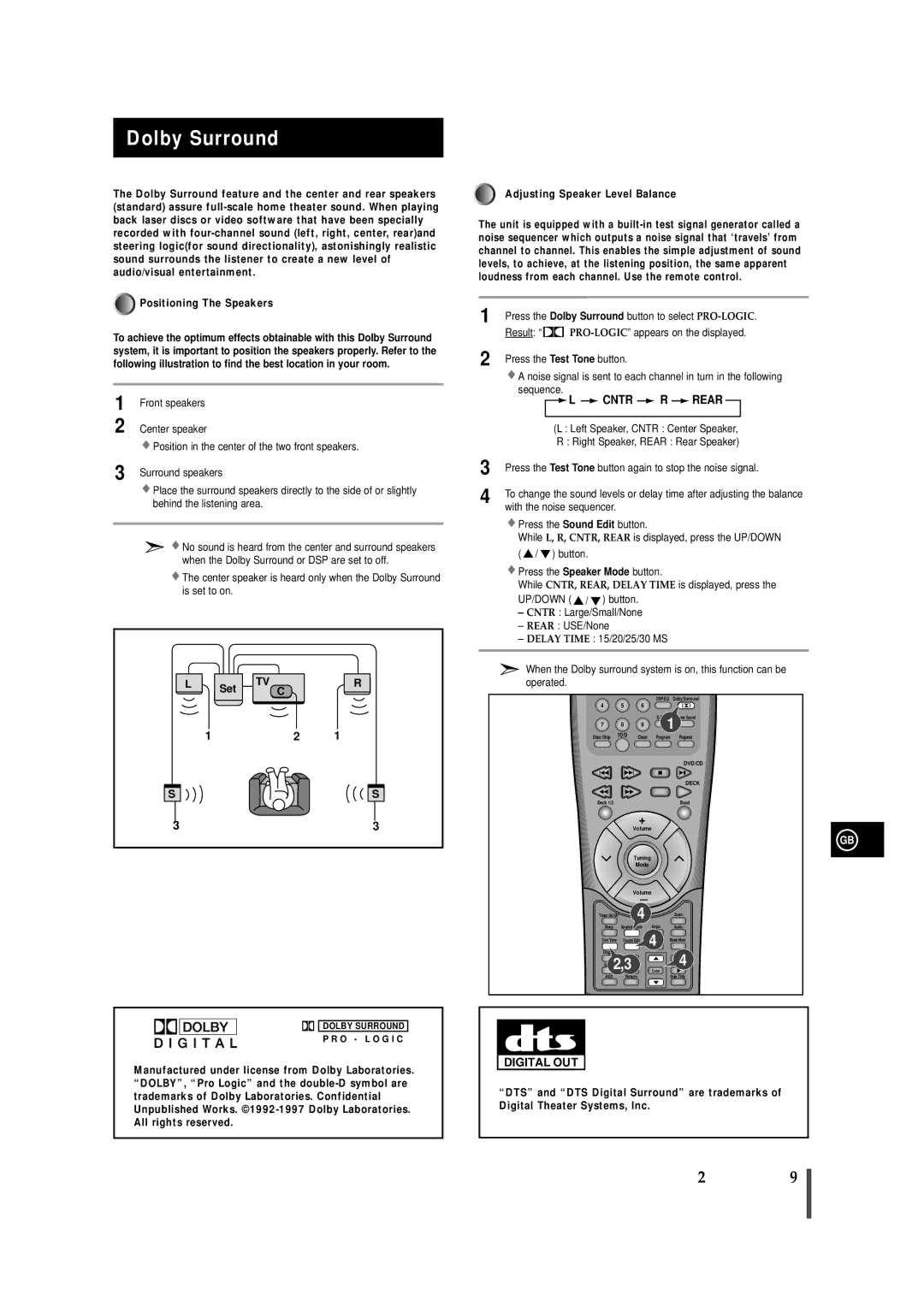 Samsung MAXDN54RH/XEU manual Dolby Surround, Set Adjusting Speaker Level Balance, Up/Down 