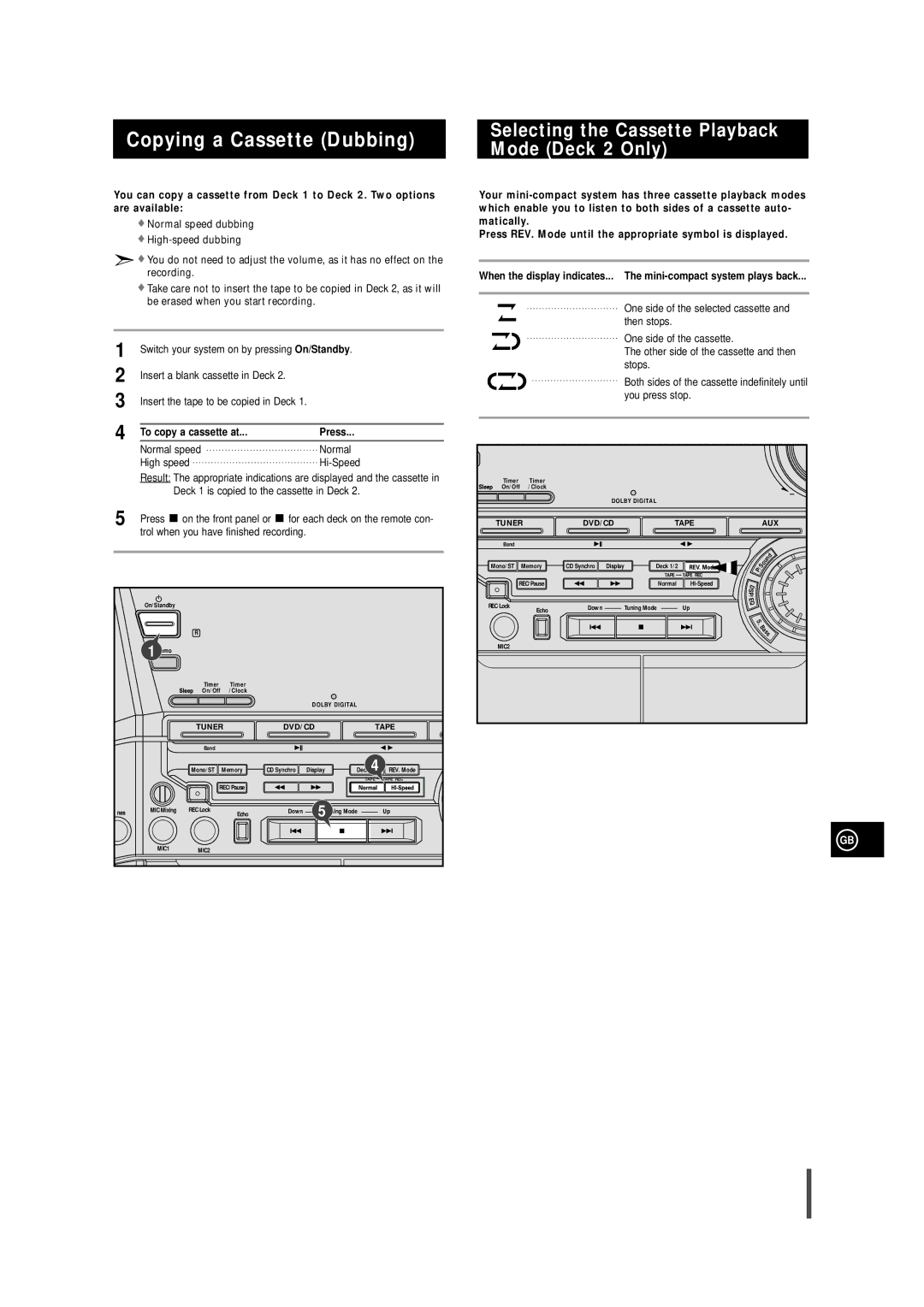 Samsung MAXDN54RH/XEU manual Copying a Cassette Dubbing, Selecting the Cassette Playback, Mode Deck 2 Only 