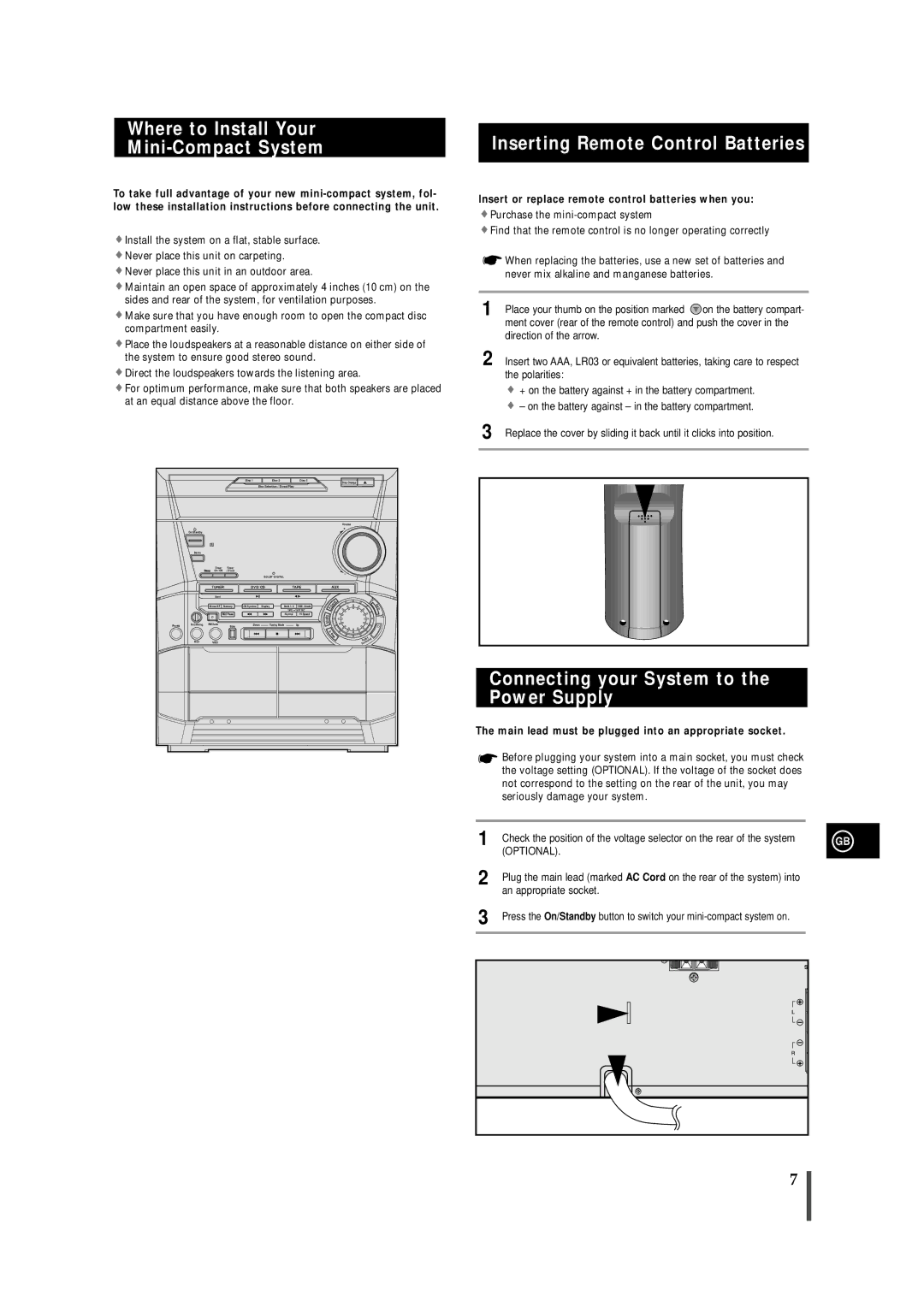 Samsung MAXDN54RH/XEU manual Connecting your System to Power Supply, Insert or replace remote control batteries when you 