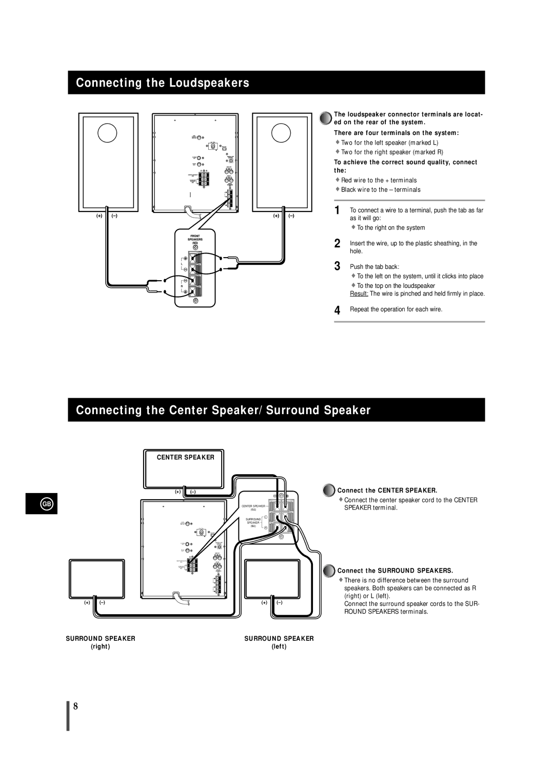 Samsung MAXDN54RH/XEU manual Connecting the Loudspeakers, Connecting the Center Speaker/ Surround Speaker 