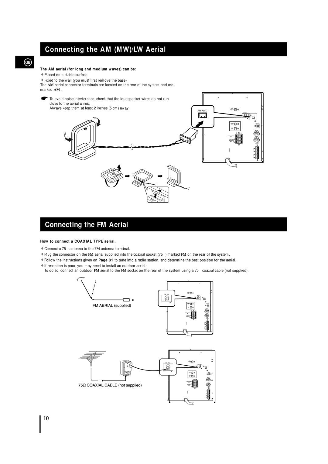 Samsung MAXDN55RH/ELS Connecting the AM MW/LW Aerial, Connecting the FM Aerial, AM aerial for long and medium waves can be 