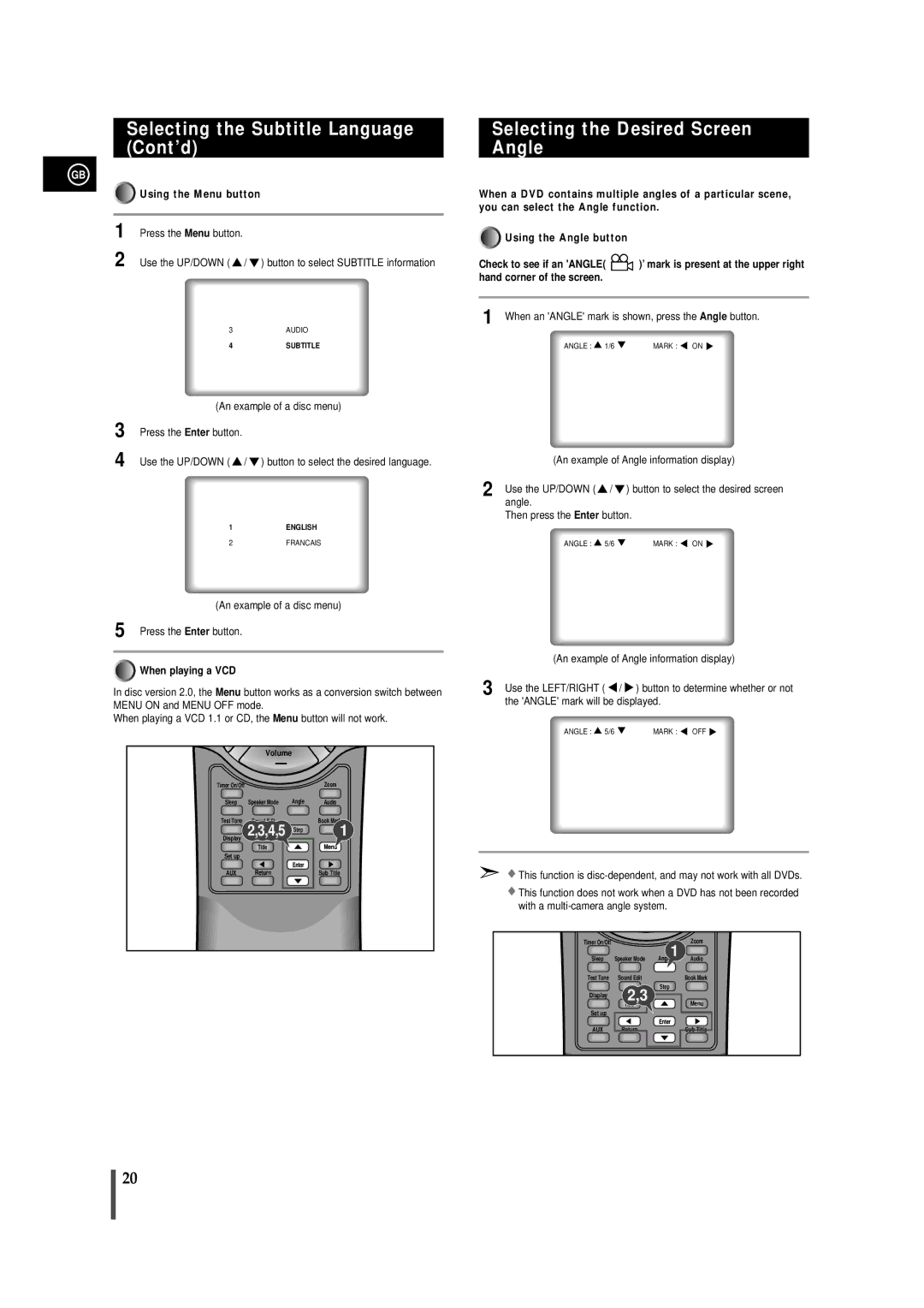 Samsung MAXDN55RH/ELS Selecting the Subtitle Language Cont’d, Selecting the Desired Screen Angle, Using the Menu button 