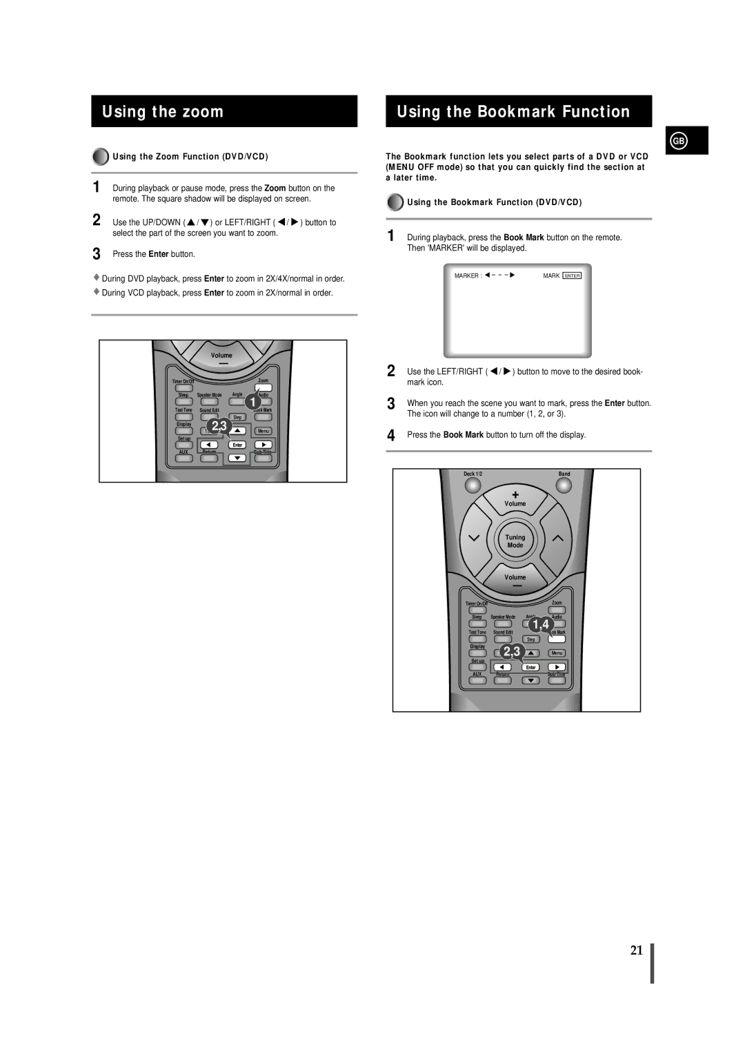 Samsung MAXDN55RH/XEU, MAXDN55RH/ELS manual Using the zoom, Using the Bookmark Function, Using the Zoom Function DVD/VCD 