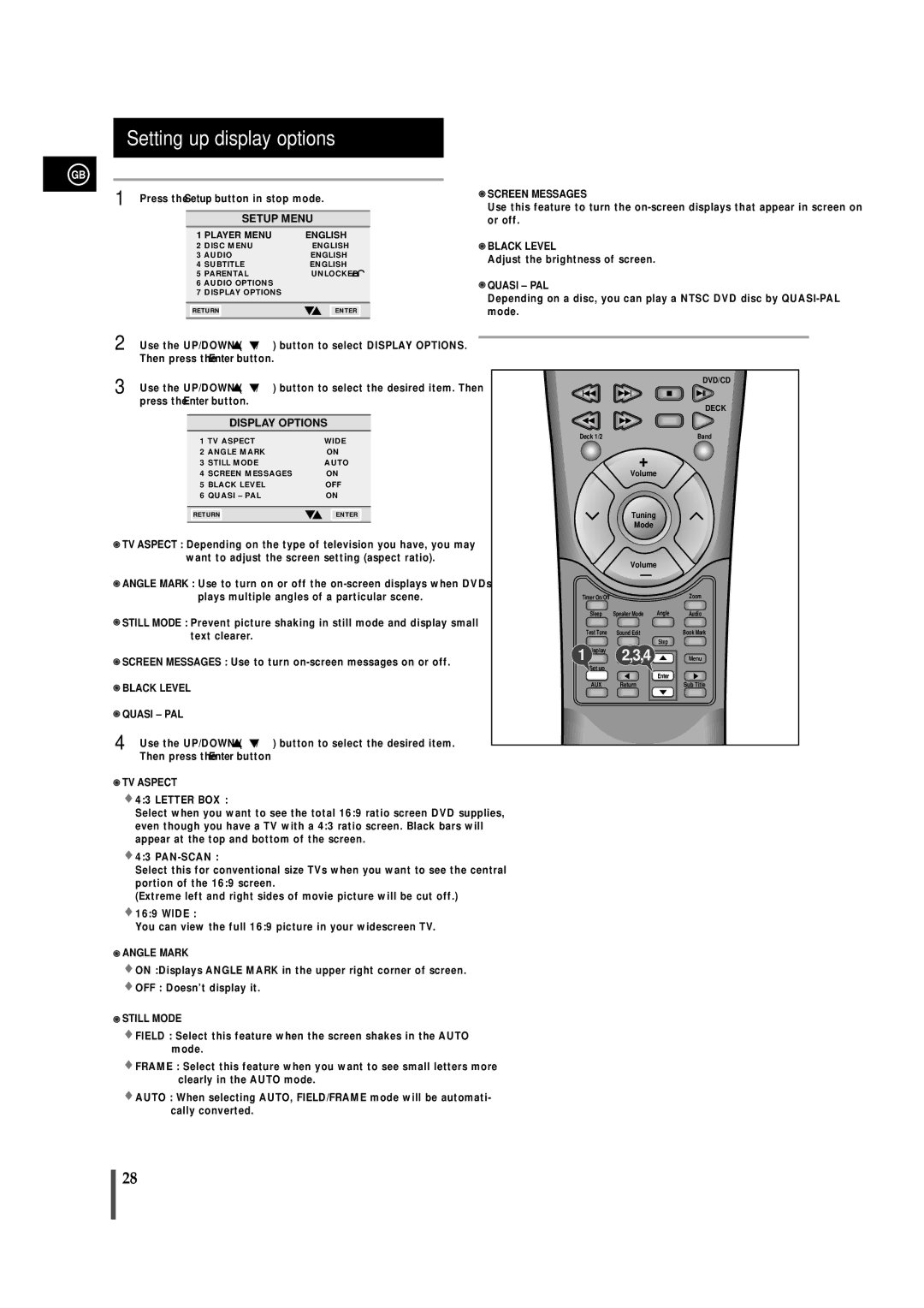 Samsung MAXDN55RH/ELS, MAXDN55RH/XEU manual Setting up display options 