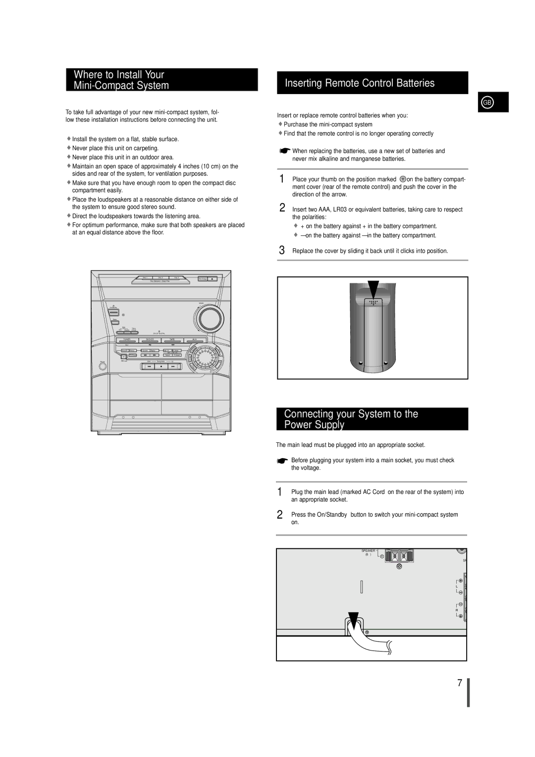 Samsung MAXDN55RH/XEU, MAXDN55RH/ELS manual Where to Install Your Mini-Compact System, Inserting Remote Control Batteries 